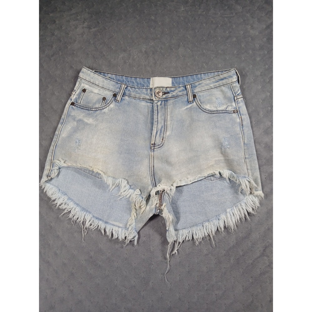 One Teaspoon Bonita High Waist Denim Shorts Light Blue Distressed Frayed Size 32